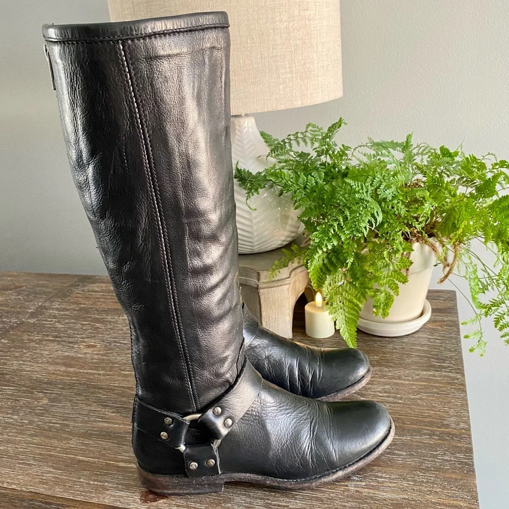 FRYE Phillip Harness Tall Knee High Wide Calf Boots Shoe Black Leather Womens 6B